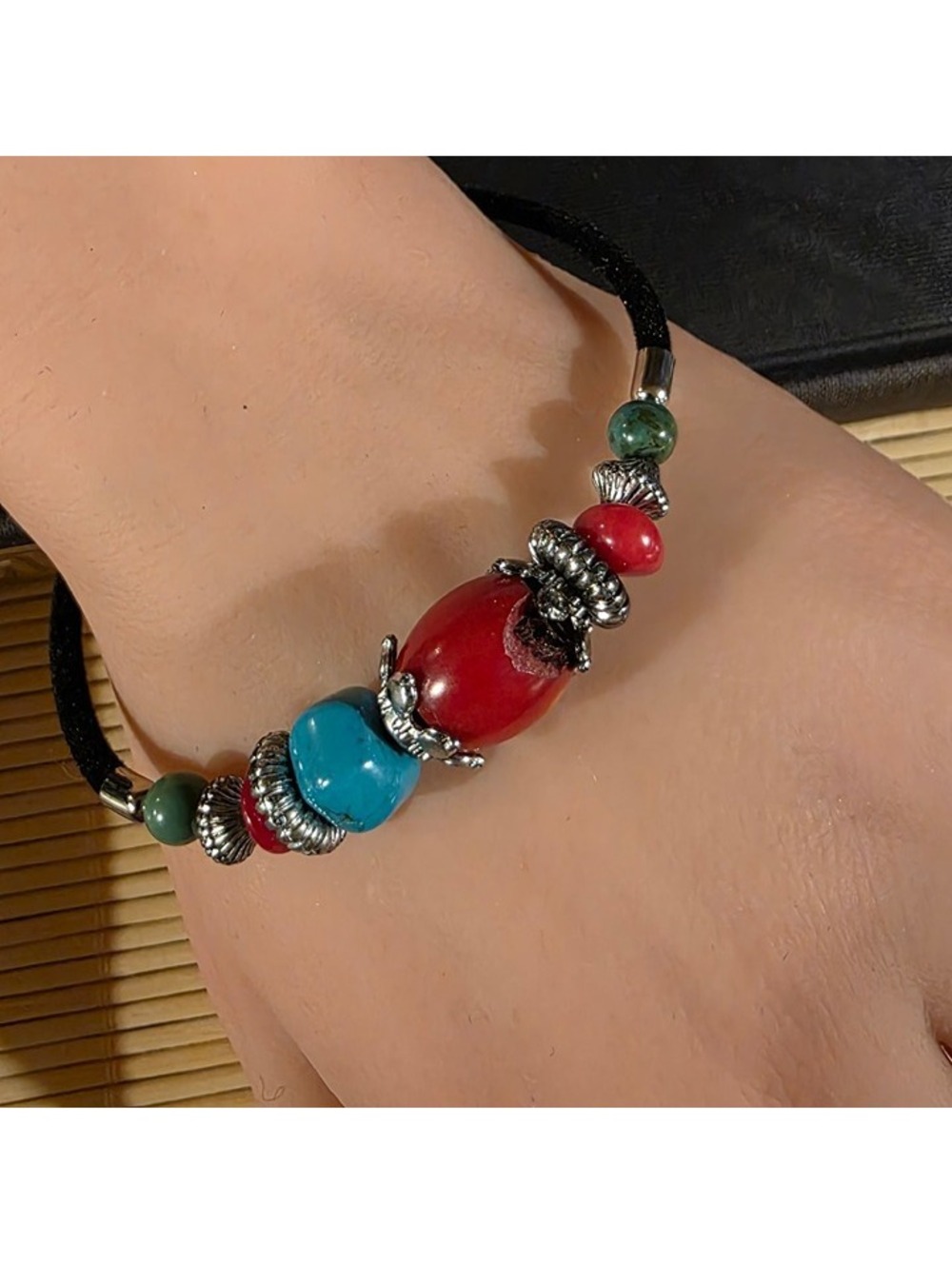 Gemstone Bracelet Turquoise Coral Black Velvet and Silver Tone Beads Style G